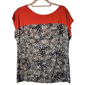Liz Claiborne Animal Print Orange Color Block Short Sleeve Top Women Size M